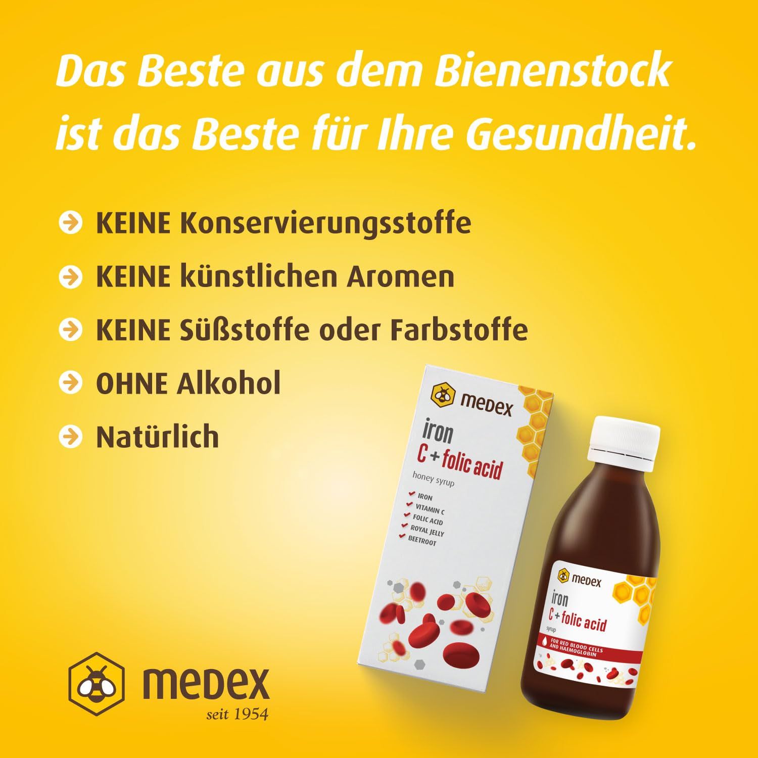Bouteille et boîte de sirop Medex Fer C+ Acide folique. Sans conservateurs, arômes artificiels, édulcorants, colorants ni alcool.