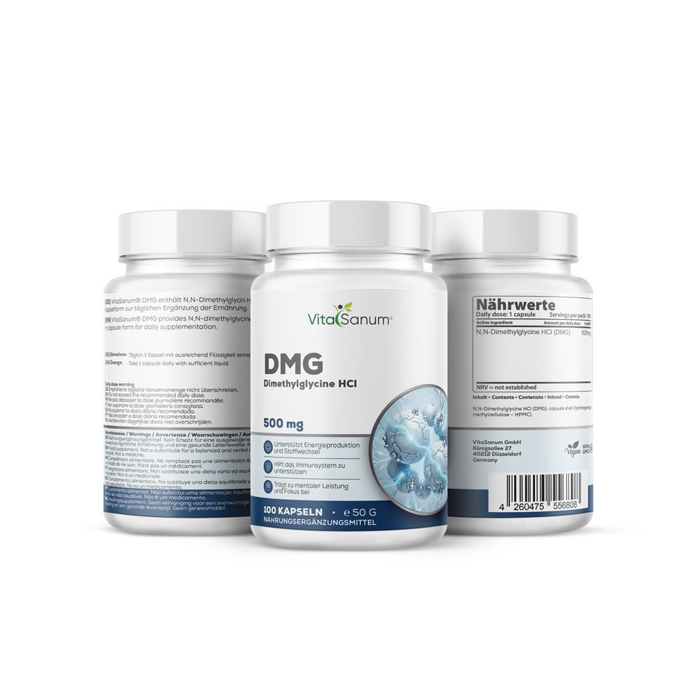 Trois flacons blancs avec étiquettes. L'un affiche DMG Dimethylglycine HCl, 500 mg. Emballage bleu et blanc.