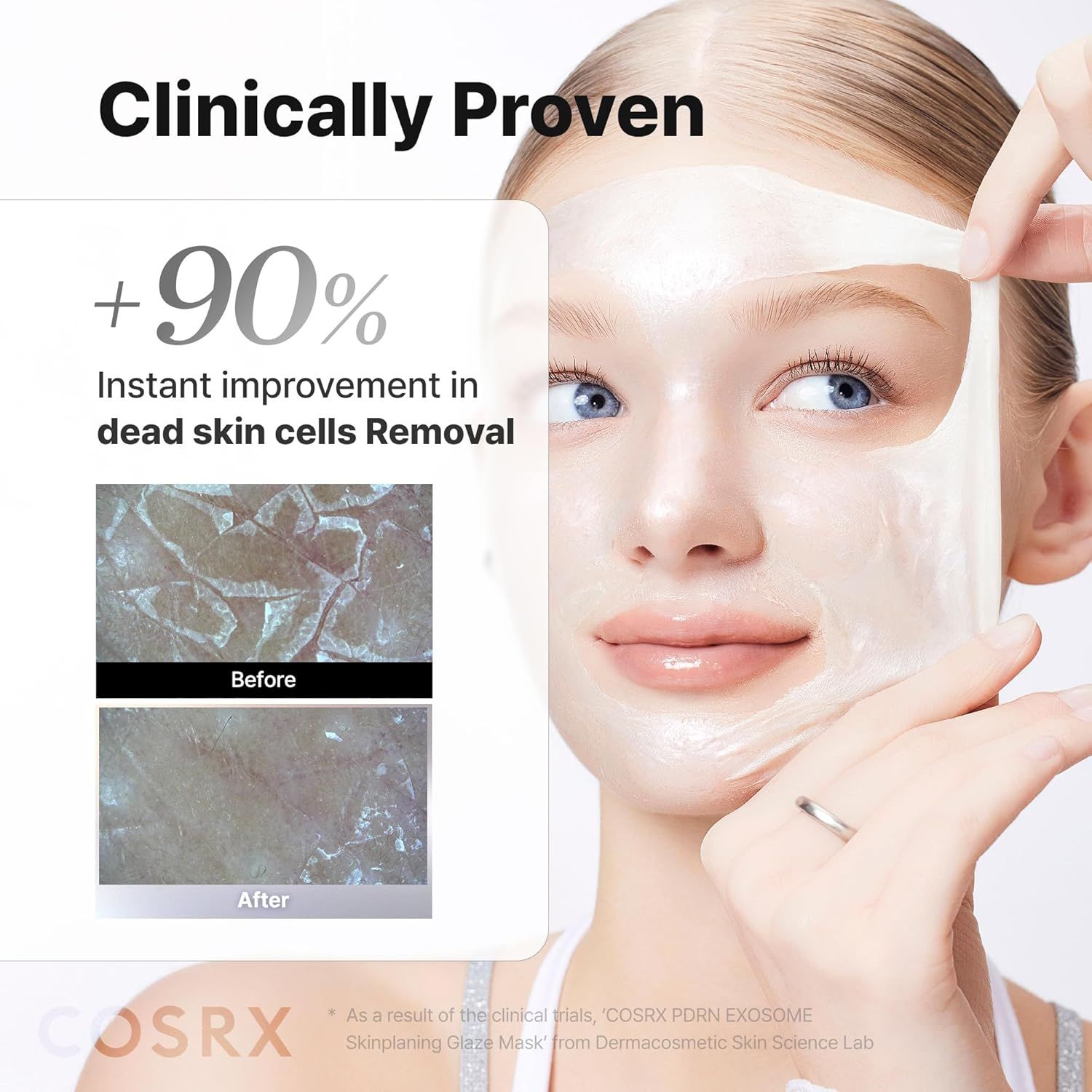 Femme retirant le masque PDRN Exosome Skinplaning Glaze Mask. Amélioration instantanée des cellules mortes.