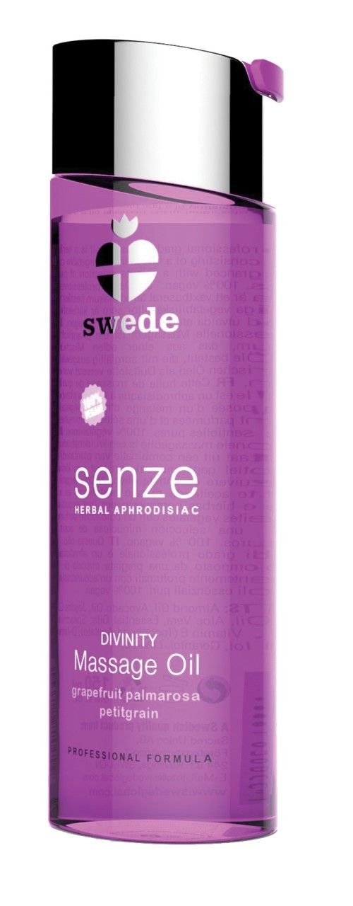 Bouteille violette avec bouchon argenté, Huile de massage Swede Senze Divinity.