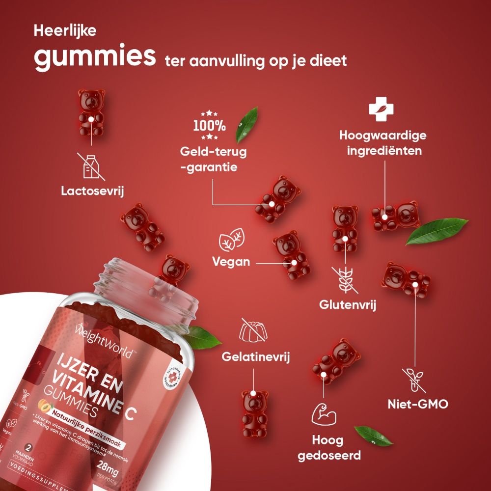 WeightWorld IJzer & Vitamine C Gummies. Een fles, perziken en gummyberen worden afgebeeld.