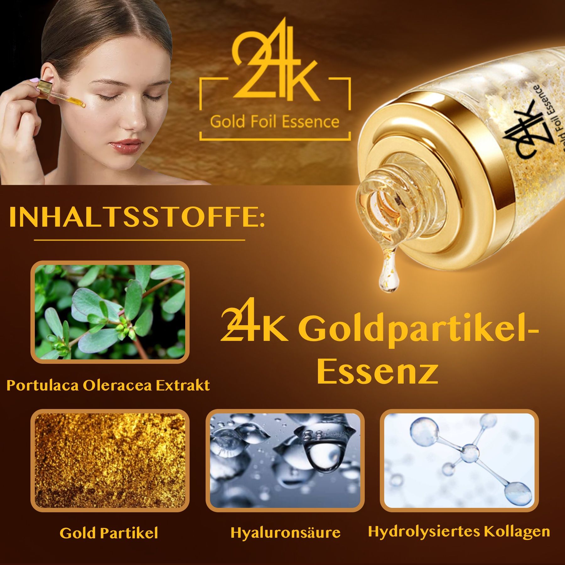 Gouden essencefles met pipet. Ingrediënten: Portulaca Oleracea extract, gouddeeltjes, hyaluronzuur, gehydrolyseerd collageen.