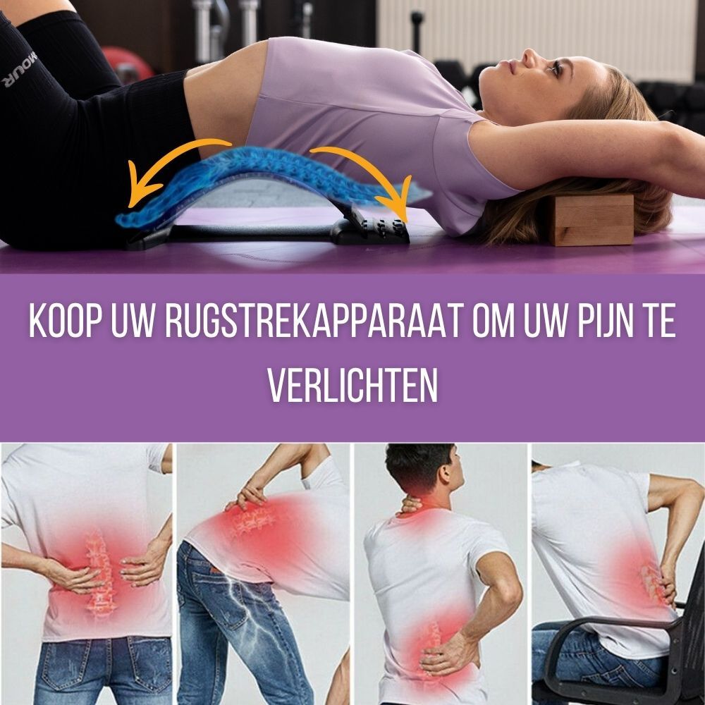 Collage met productafbeeldingen en gebruiksaanwijzingen. Rugstrekker met blauwe inzet en acupressuurpunten.