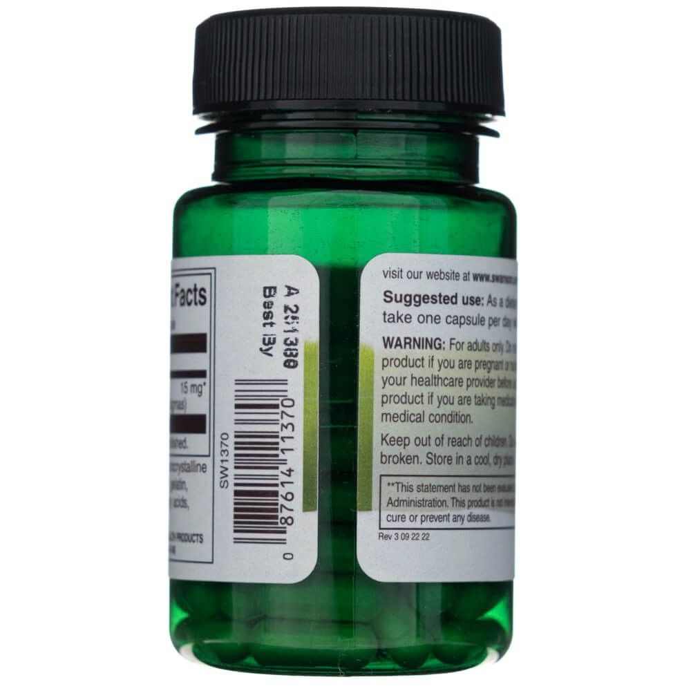 Vue latérale de la bouteille SWANSON Safran 15mg avec code-barres et date de péremption.
