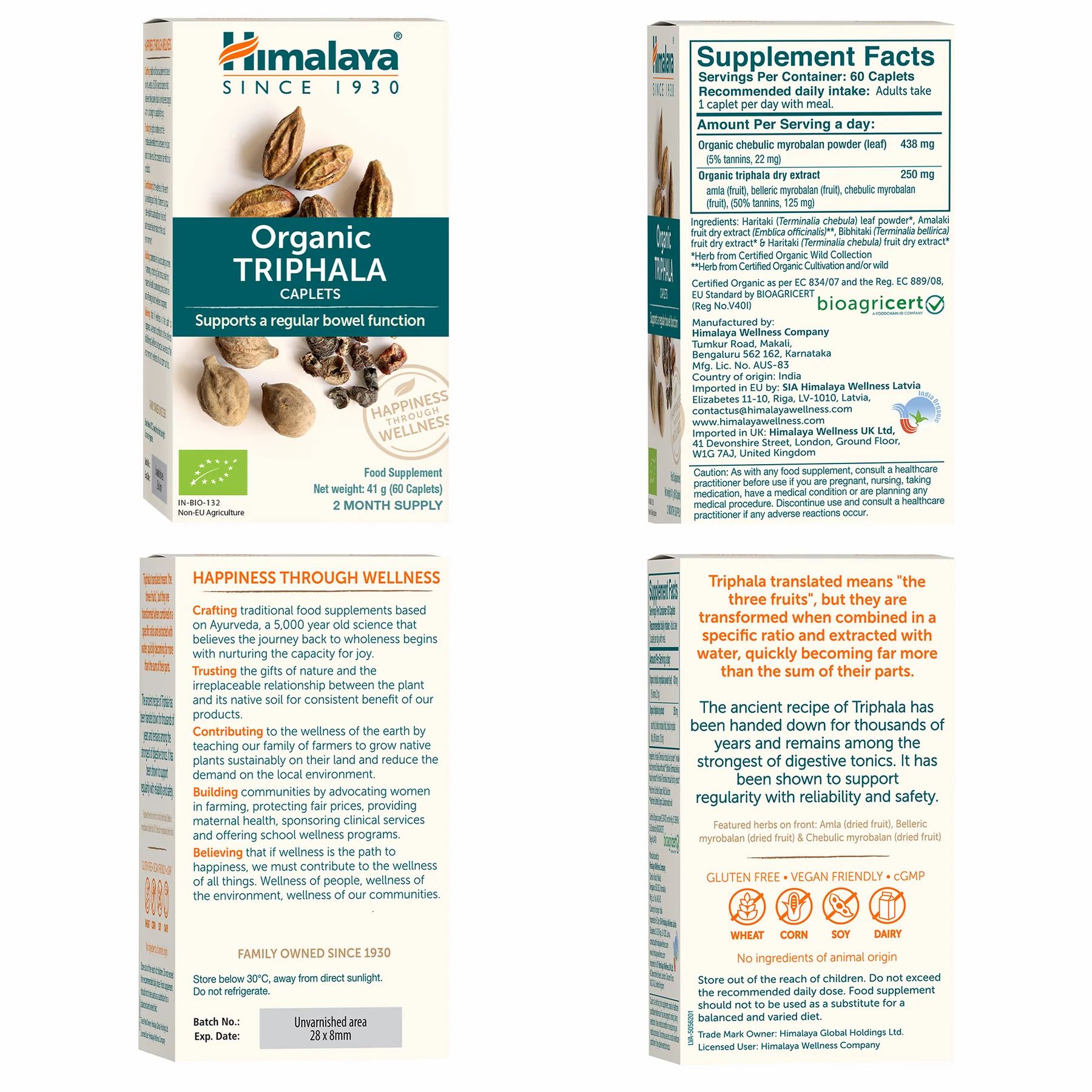 Himalaya Bio Triphala Caplets. Informations sur le produit, ingrédients et certifications. Texte au dos.
