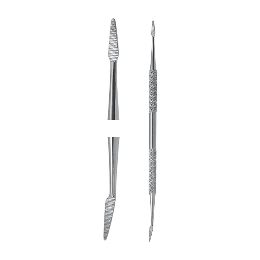 Lime à ongles double face en métal. Une face striée, l'autre pointue. Manche moleté.