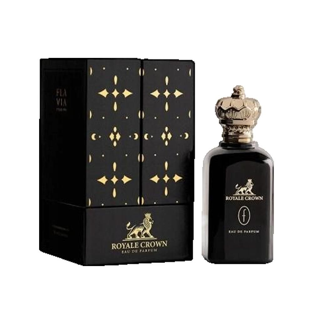Zwarte flacon naast zwarte doos. Gouden kroon, leeuw. Opschrift: Royale Crown, Eau de Parfum.
