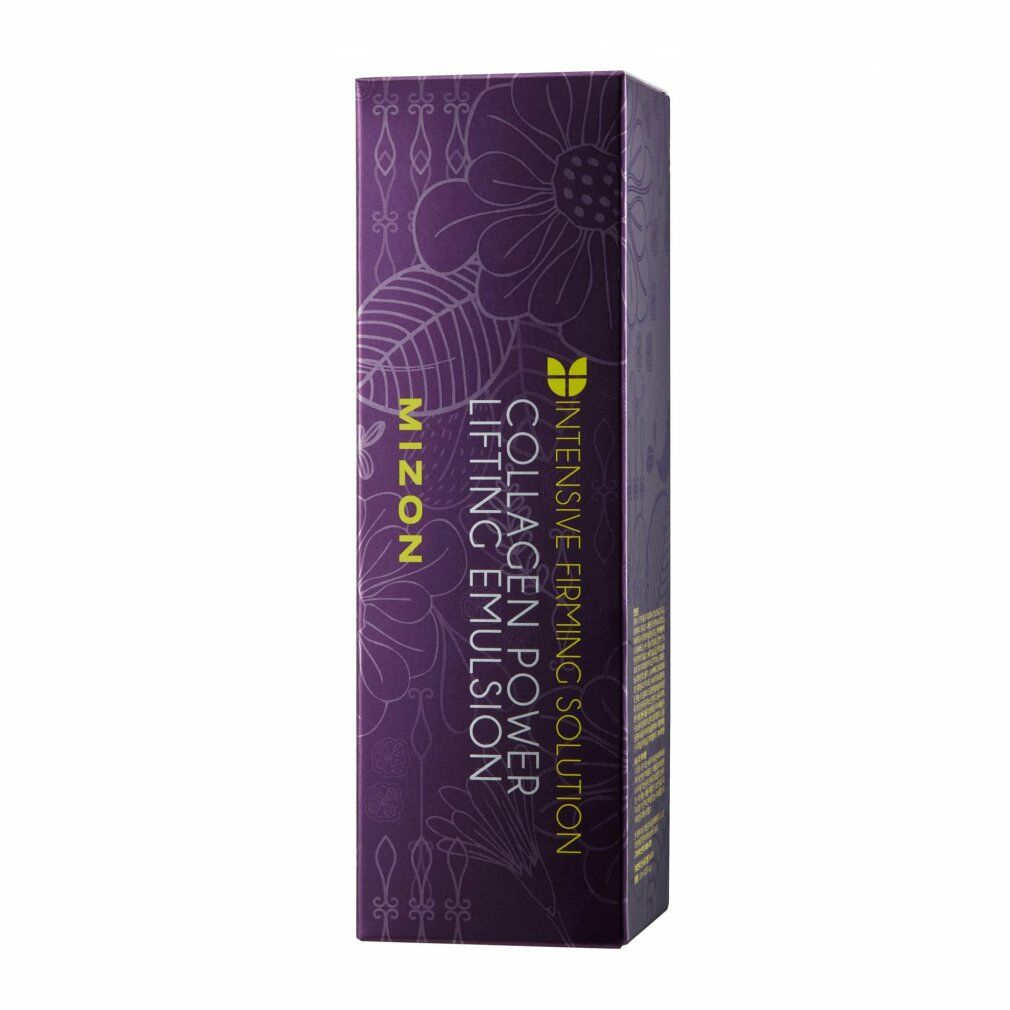 Emballage MIZON Collagen Power Lifting Emulsion. Violet avec motif floral. Texte : Collagen Power Lifting Emulsion.