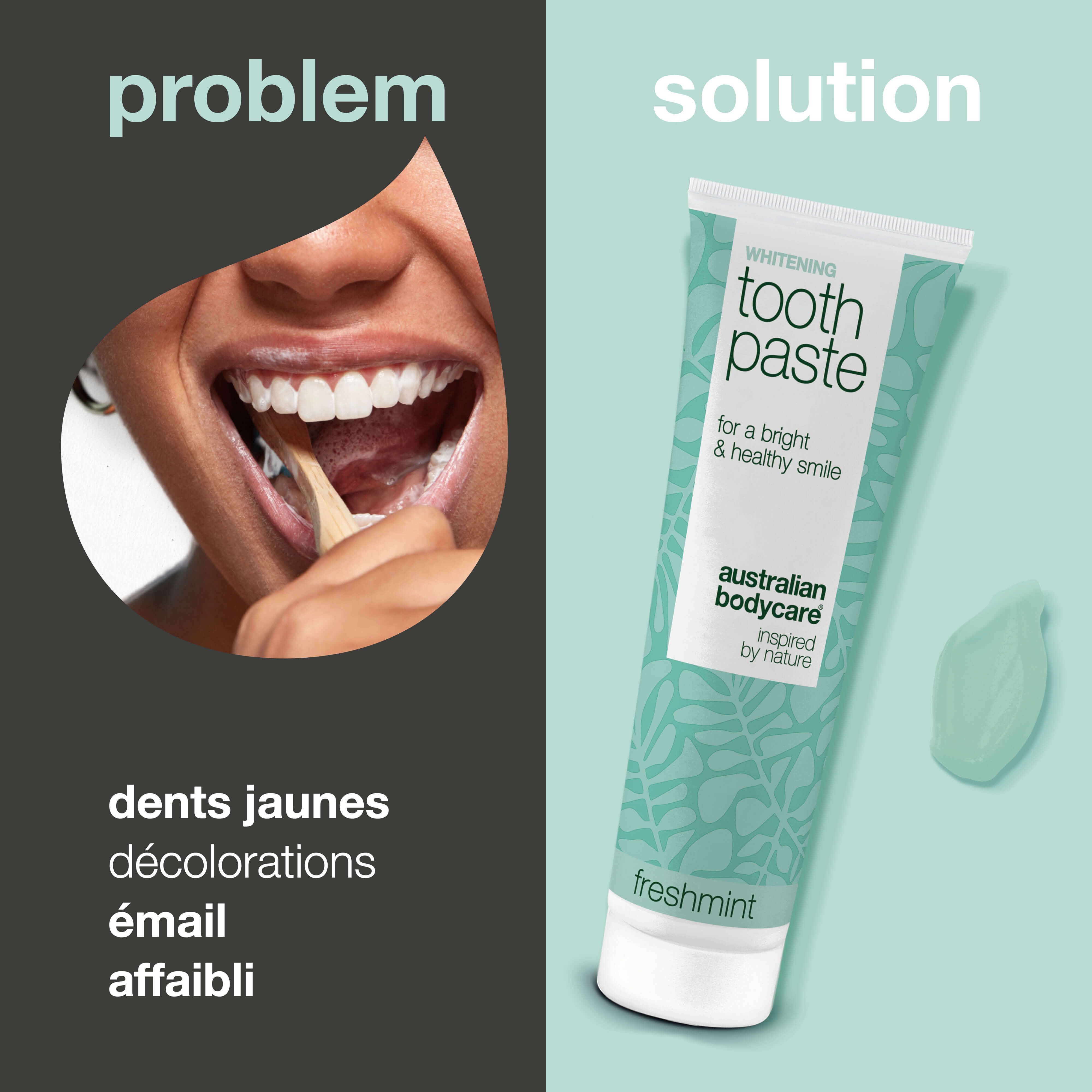 Comparaison : dents jaunes vs. dentifrice. Tube de dentifrice, texte : Whitening Toothpaste, Australian Bodycare, Freshmint.