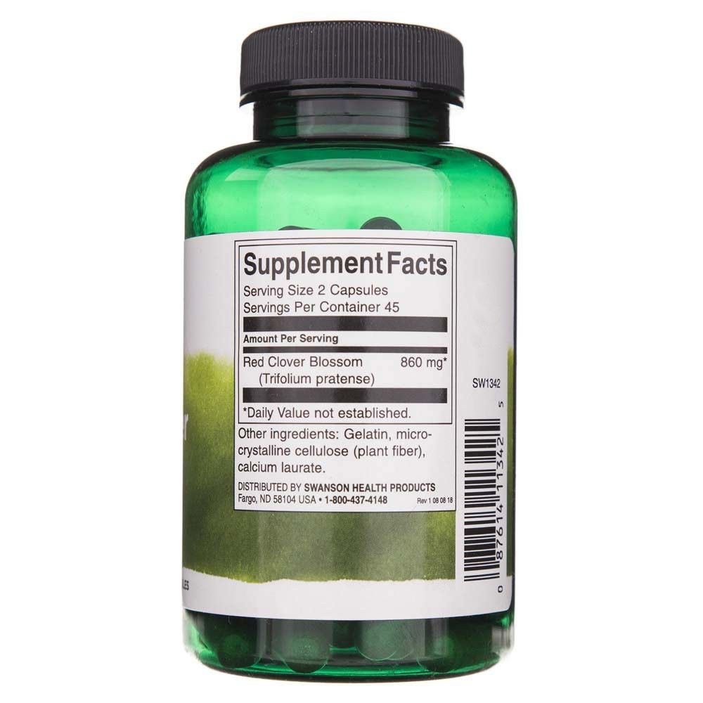 Flacon de capsules vert avec étiquette "Supplement Facts" indiquant l'extrait de trèfle rouge (860 mg).