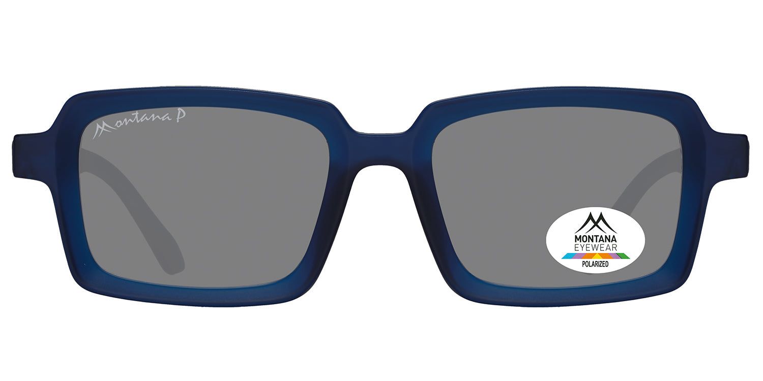 Lunettes de soleil bleues à verres rectangulaires. Logo et texte 'Montana Eyewear' sur le verre. Verres polarisés.
