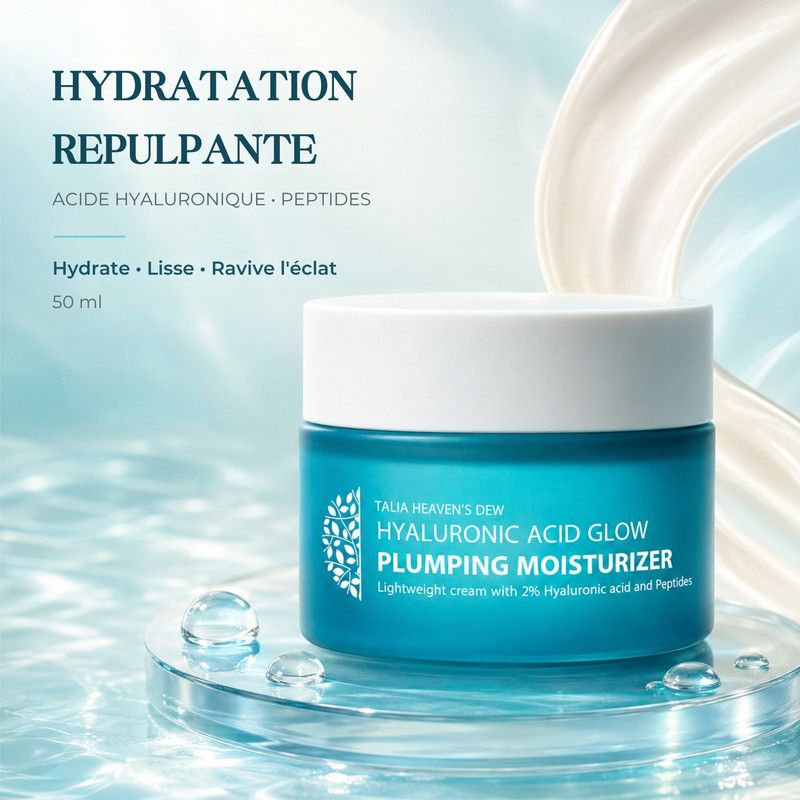 Un pot de Hyaluronic Acid Glow Plumping Moisturizer. Le texte décrit une texture légère et veloutée qui hydrate et lisse.