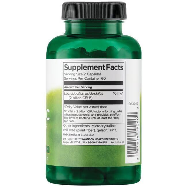 Flacon vert avec étiquette blanche. Contient des gélules. Inscription : Swanson, Probiotique, 120 gélules.