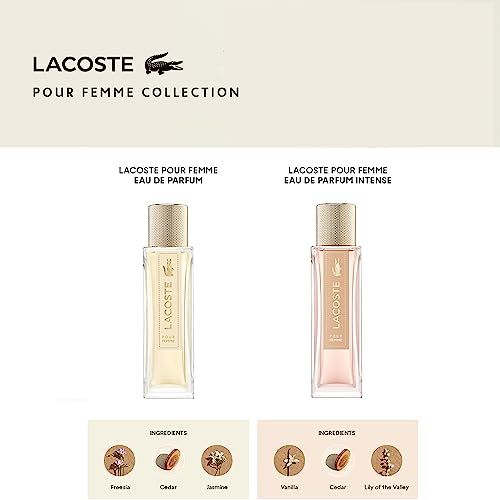 Deux flacons avec étiquettes. Lacoste Pour Femme Eau de Parfum et Eau de Parfum Intense. Ingrédients illustrés.