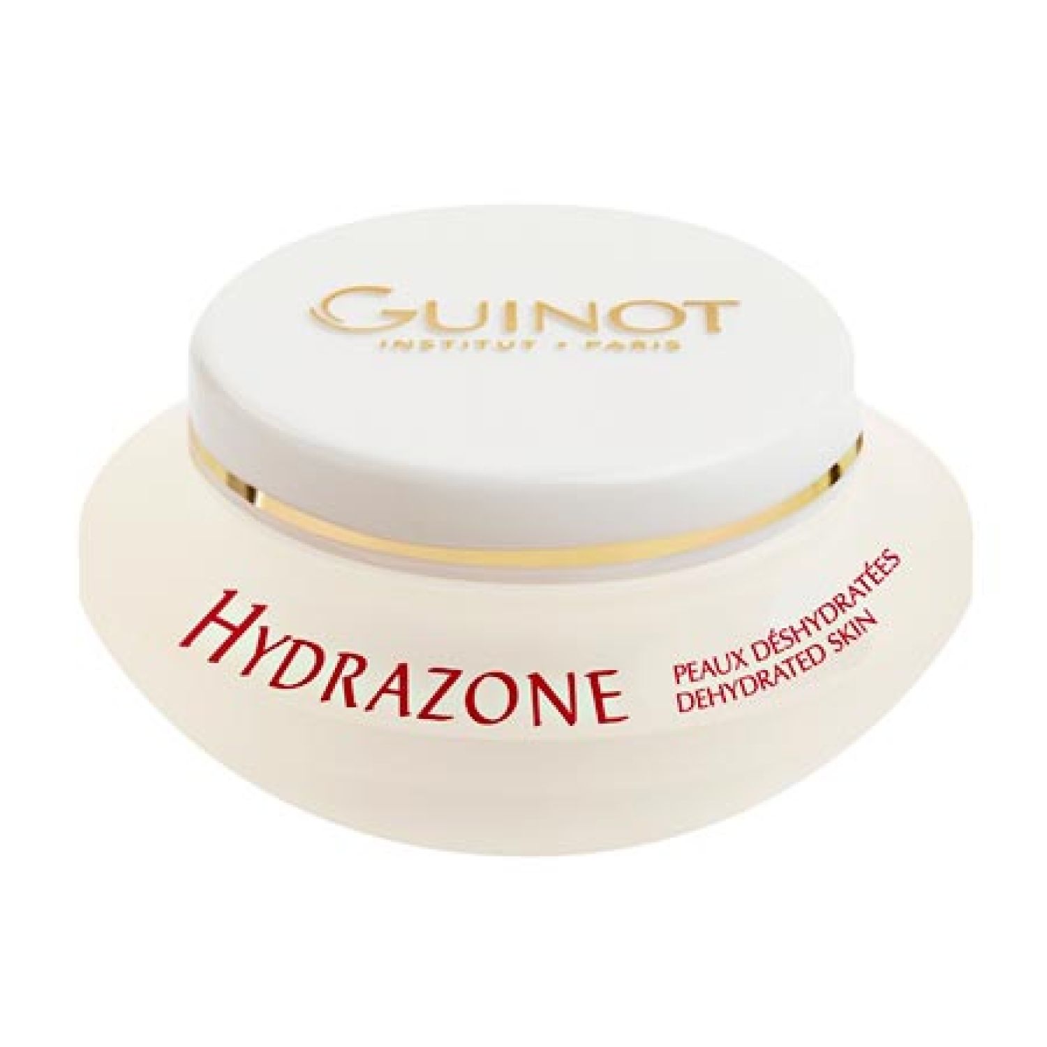 Witte pot met deksel. Opschrift: GUINOT, HYDRAZONE, PEAUX DÉSHYDRATÉES. Gouden belettering.