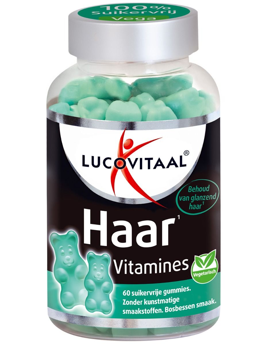 Flacon de vitamines pour cheveux en forme d'oursons verts. Inscription: Haar Vitamines, Lucovitaal. 100% sans sucre, végétarien.