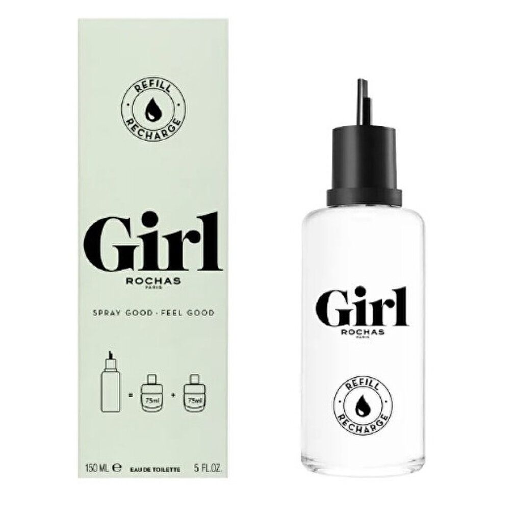 Verpakking en fles. Verpakking: groen, tekst "Girl", "ROCHAS PARIS", "REFILL RECHARGE". Fles: transparant, "Girl", "REFILL RECHARGE".