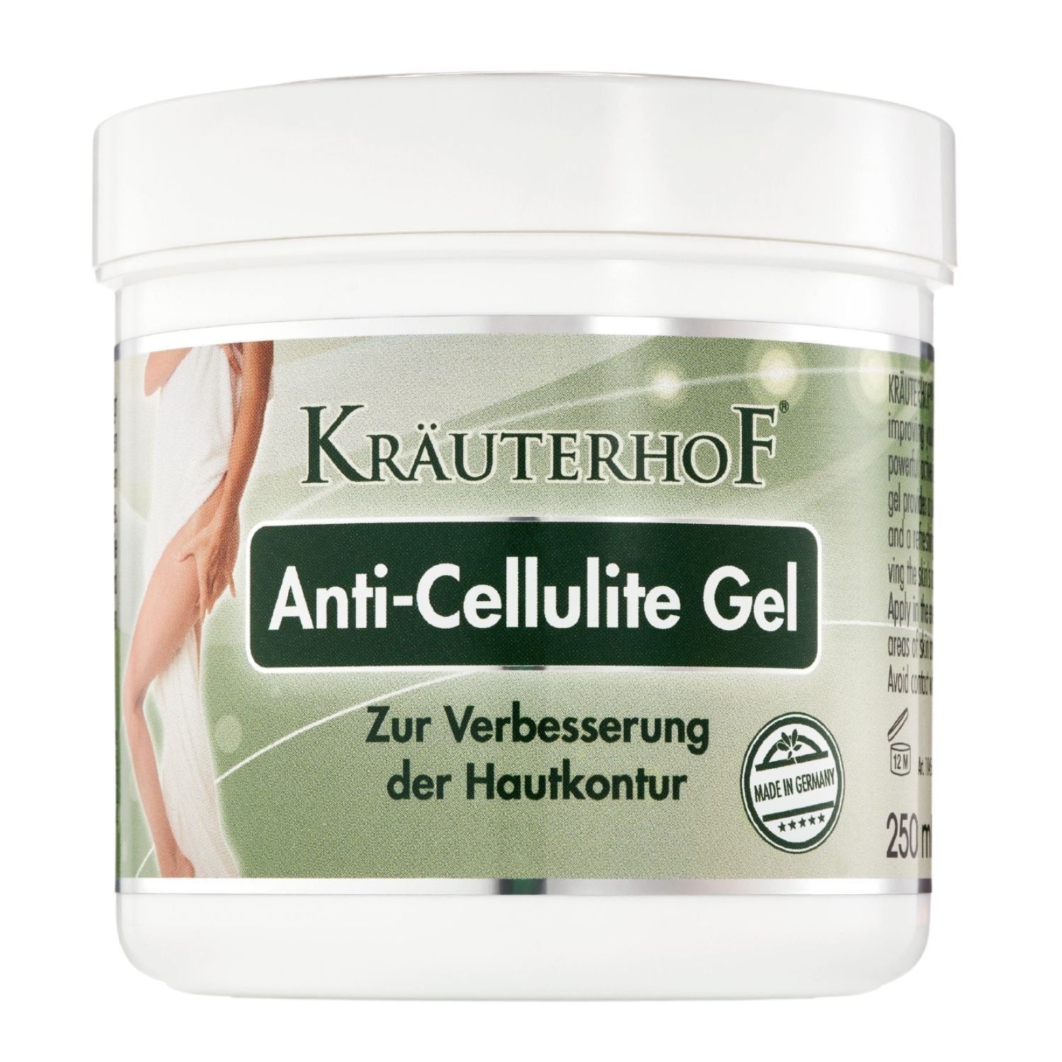 Witte pot Kräuterhof Anti-Cellulite Gel. Opschrift: Anti-Cellulite Gel, Zur Verbesserung der Hautkontur. Zegel: Made in Germany.