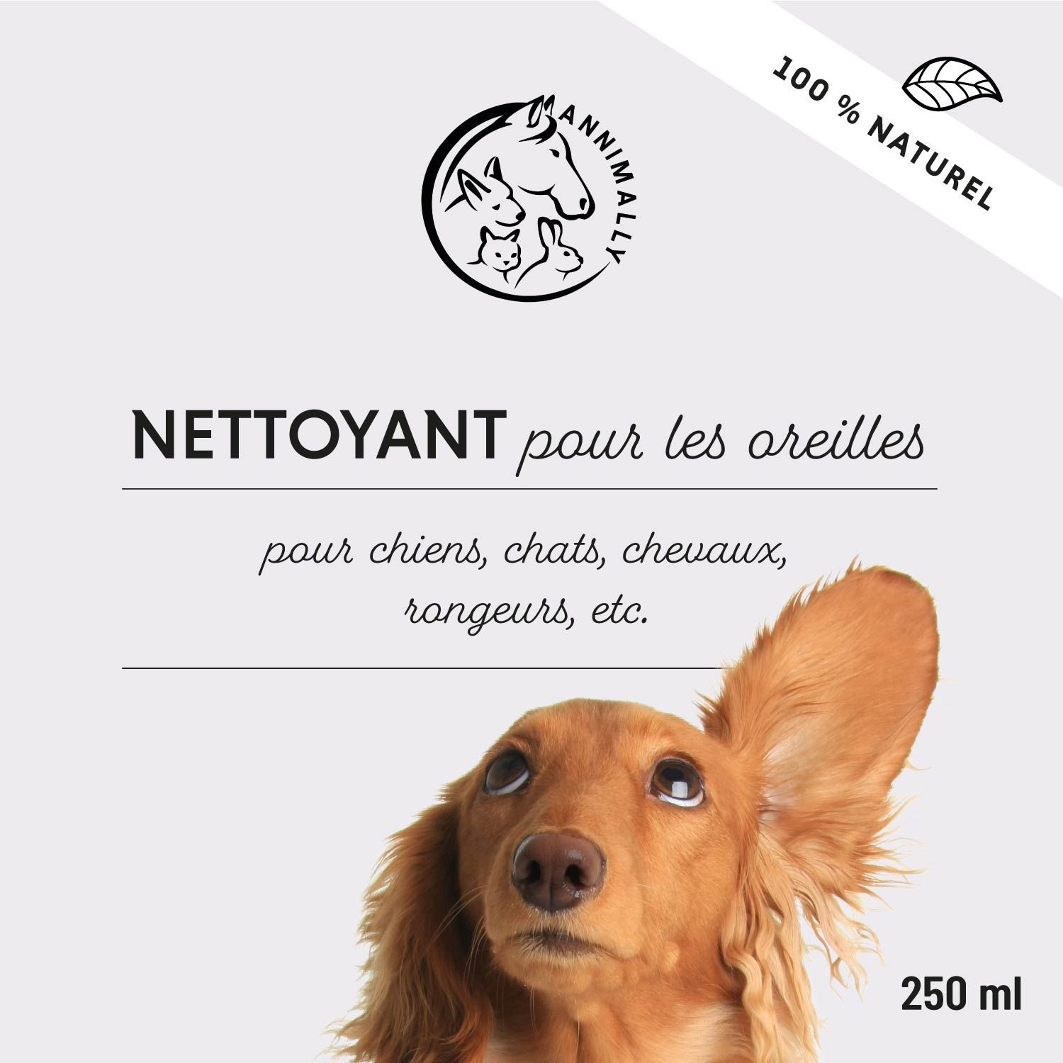 Logo avec animaux. Texte: Nettoyant pour les oreilles. Pour chiens, chats, chevaux, rongeurs, etc. Image : chien avec oreille dressée.