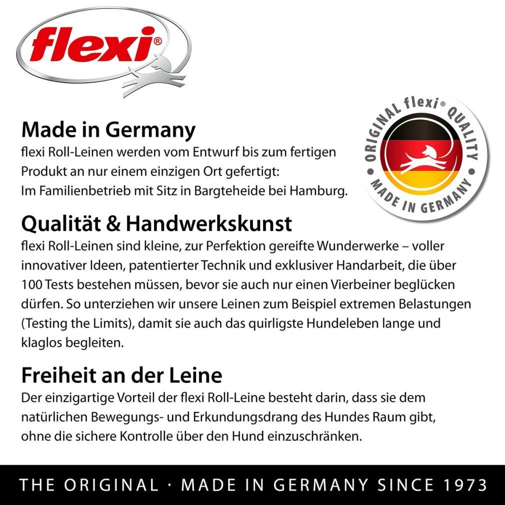 Texte avec informations sur les laisses Flexi. Fabriqué en Allemagne. Qualité et artisanat. Liberté à la laisse.