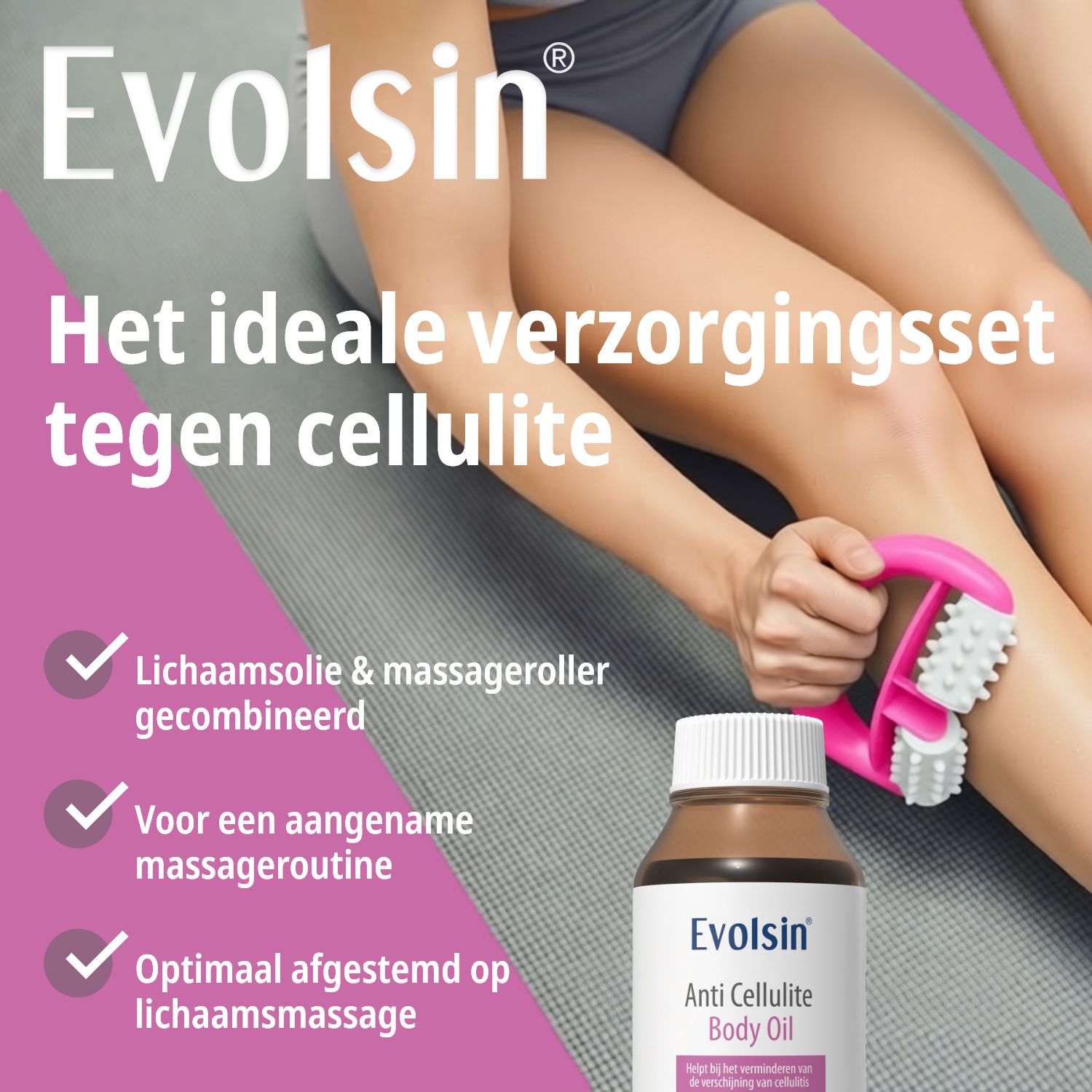 Verpakking, achterkant. Opschrift: Anti Cellulite Öl + Massageroller. Gebruiksaanwijzing.