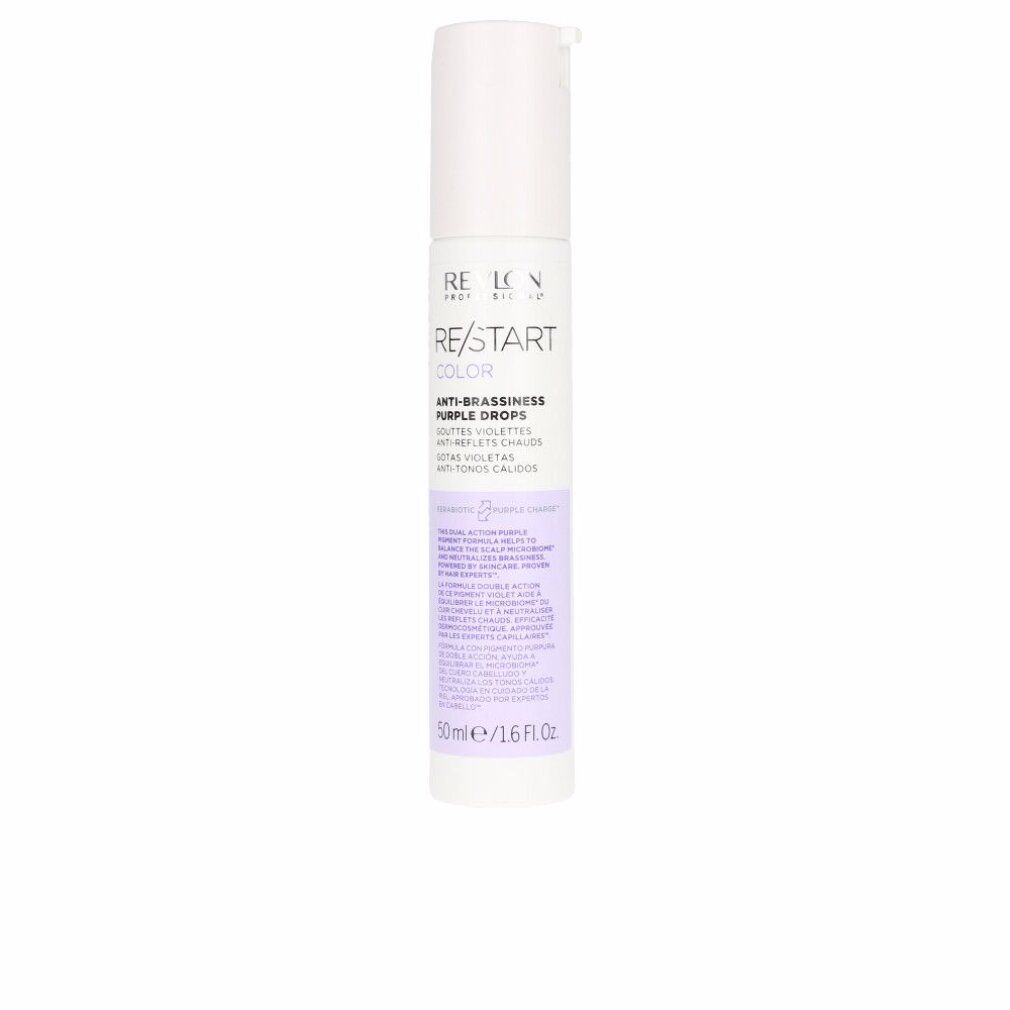 Witte-paarse fles met tekst: Revlon Re-Start Color Anti-Brassiness Purple Drops. 50ml/1.6 fl.oz.