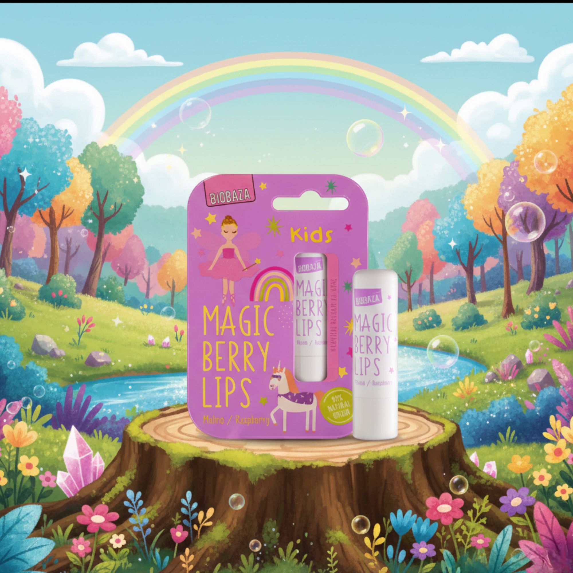 Verpakking met twee lippenbalsems. Opschrift: Magic Berry Lips. Illustratie: eenhoorn, regenboog, fee. Achtergrond: landschap met regenboog.