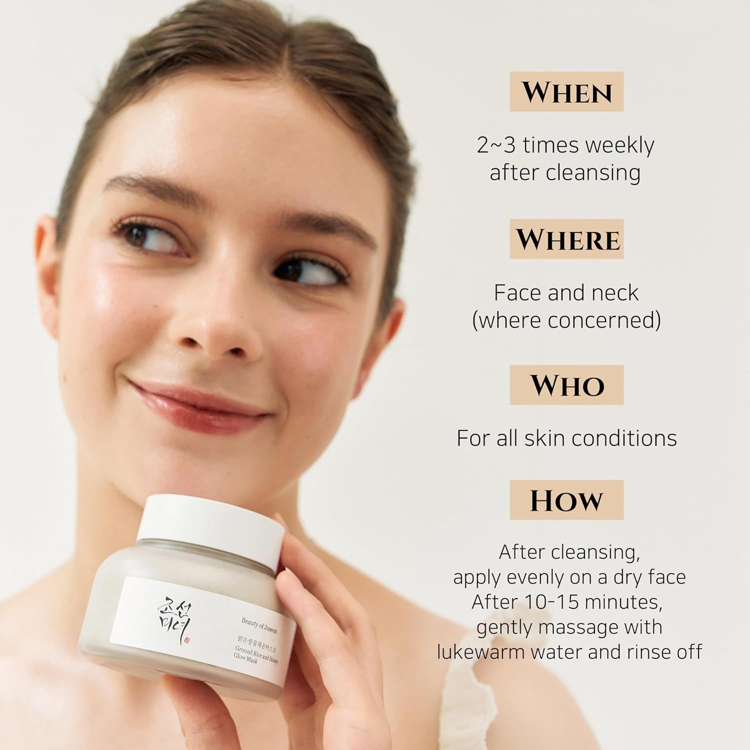 Femme avec produit. Texte : Utilisation 2-3x/semaine, visage/cou, tous types de peau. Instructions d'utilisation.