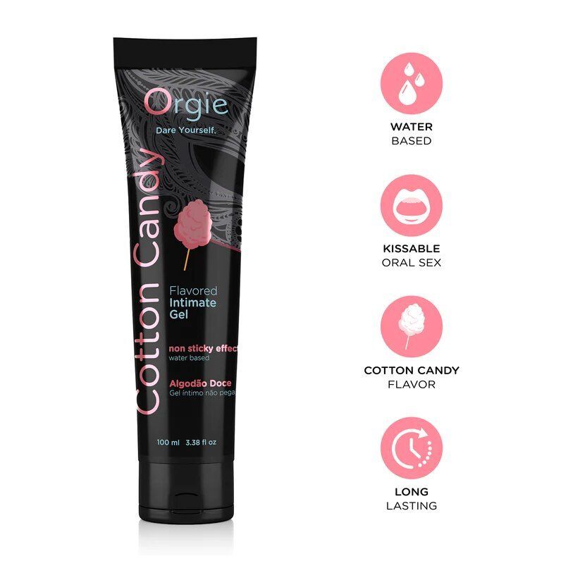 Zwarte tube met "Cotton Candy" en "Orgie". Roze tekst en logo. Vier iconen: waterbasis, kusbaar, suikerspin, langdurig.