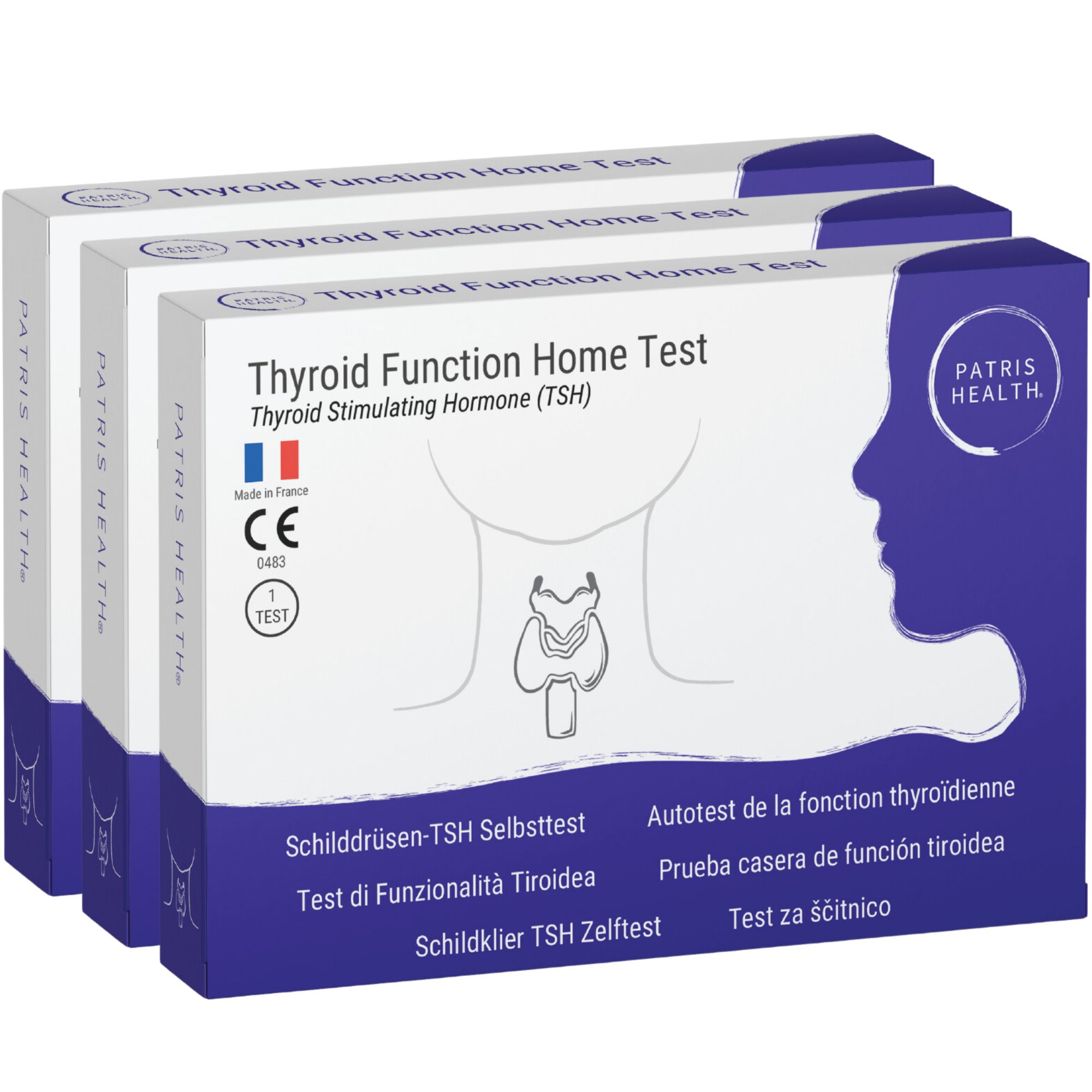 Trois boîtes de test TSH Patris Health®. Informations sur le produit. Marquage CE. Fabriqué en France.
