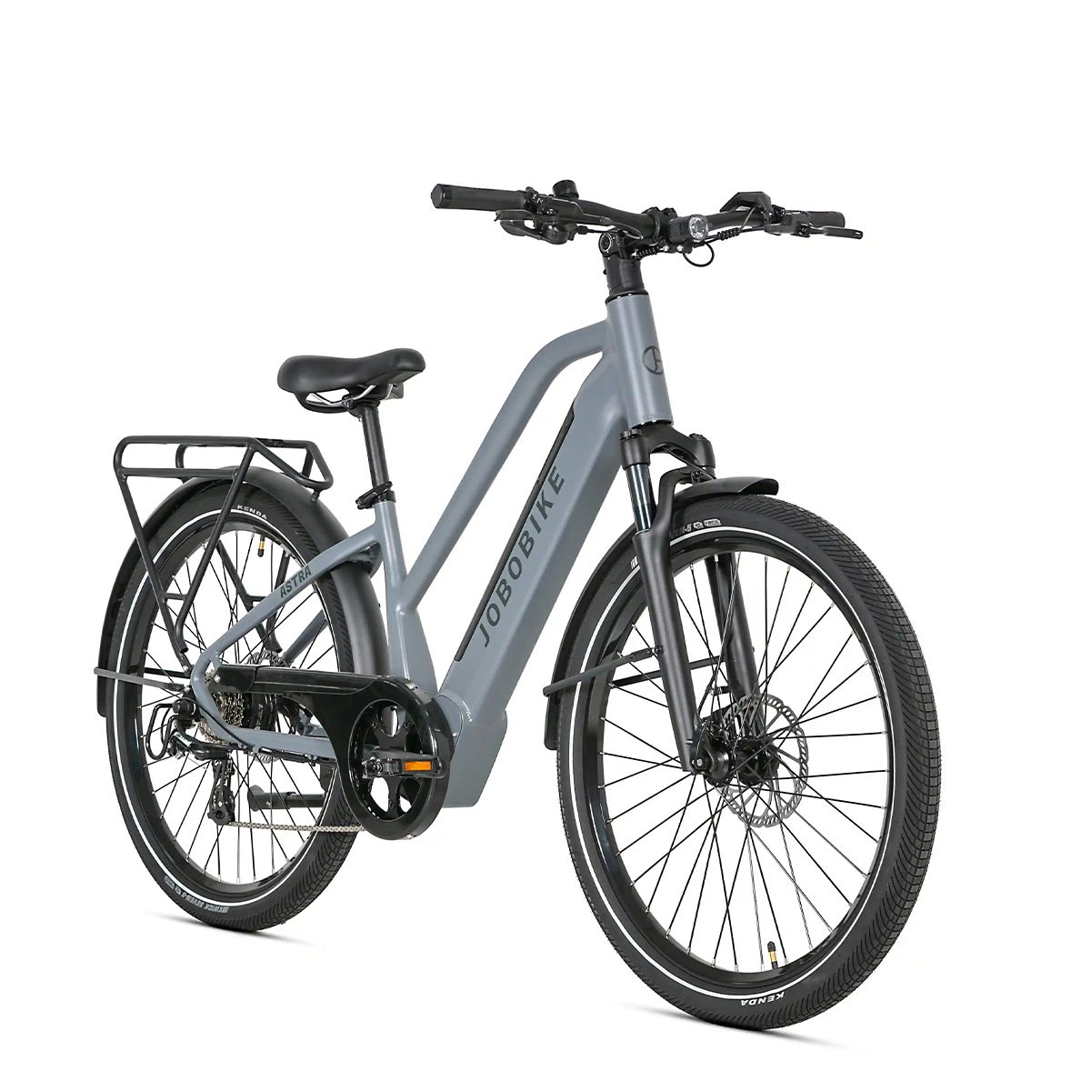 Grijze JOBOBIKE Astra e-bike. Zwarte banden, spatborden en bagagedrager. JOBOBIKE-logo op het frame.
