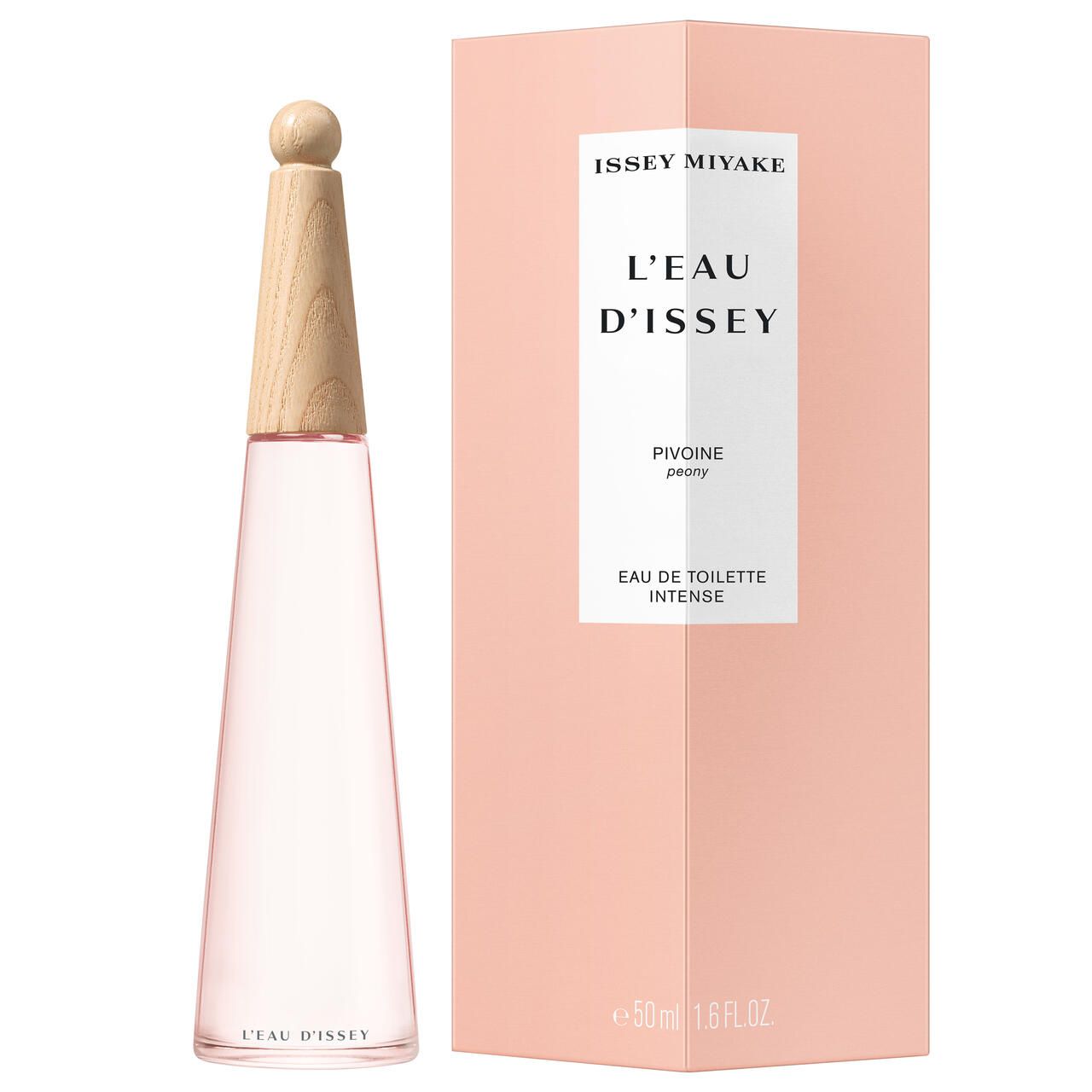 Roze fles met houten dop en roze verpakking. Opschrift: Issey Miyake, L'Eau d'Issey Pivoine EdT.