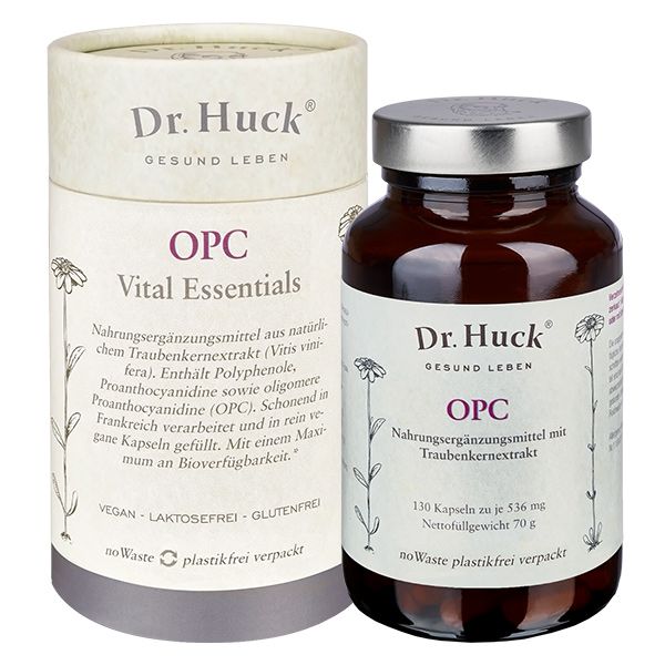 Flacon en verre brun et boîte en carton. Inscription: Dr. Huck OPC Vital Essentials. Vegan, sans lactose, sans gluten.