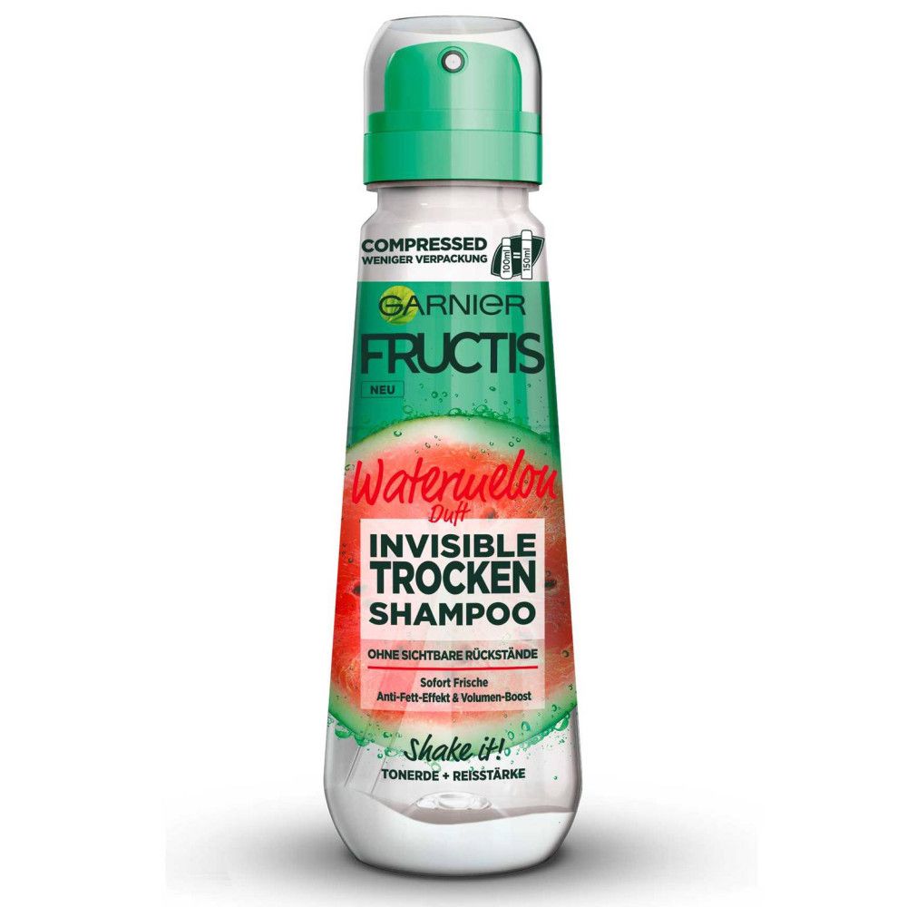 Garnier Fructis droogshampoo, watermeloen. Witte fles met groene spuitkop. Tekst: Invisible Trockenshampoo.