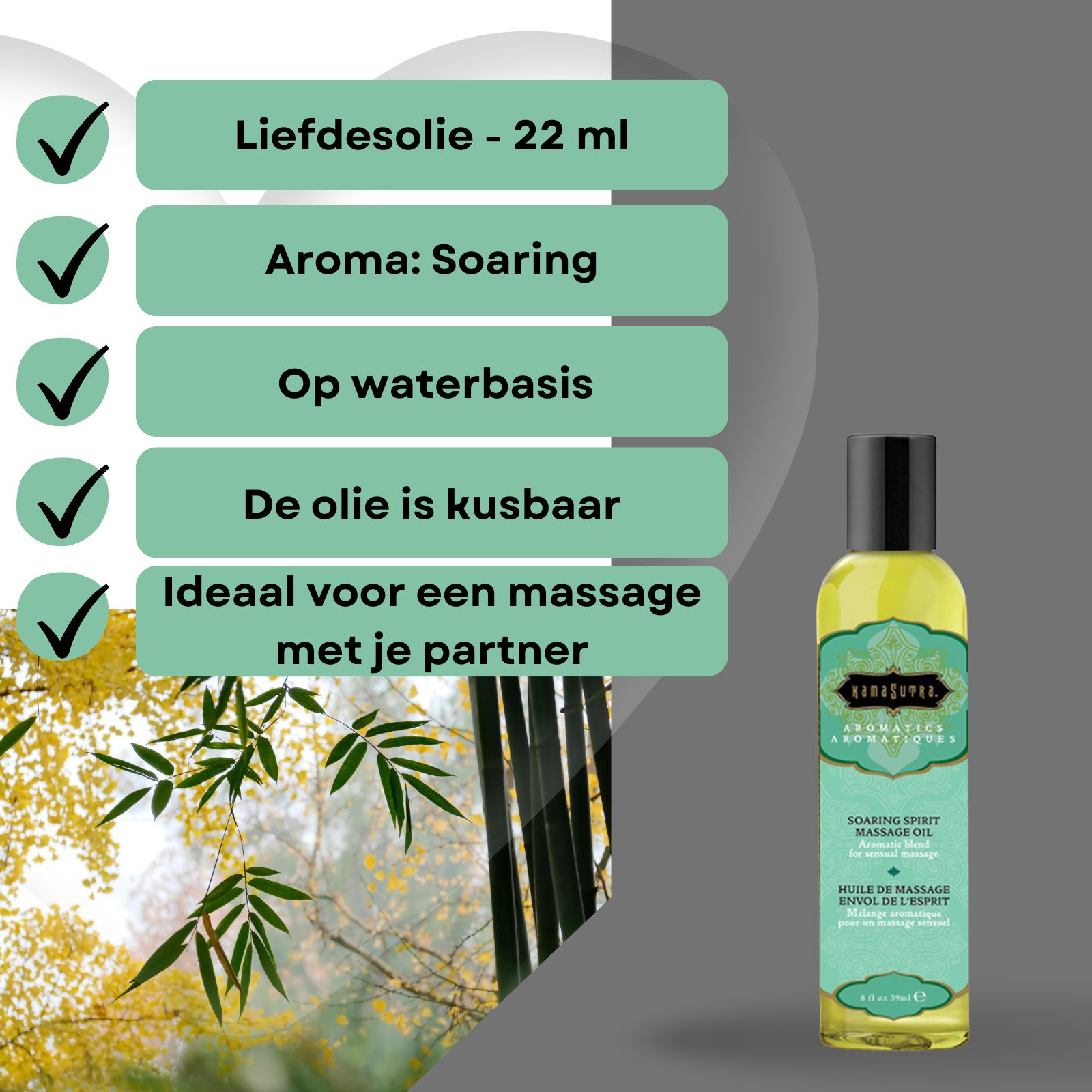 Kamasutra massageolie met aroma Soaring. Fles naast infographic met tekst. Achtergrond met bamboe en bladeren.