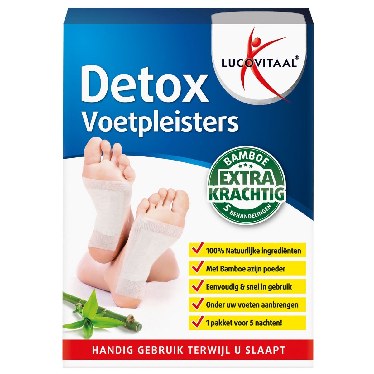 Boîte bleue avec 'Detox Voetpleisters' et logo 'Lucovitaal'. Image de pieds avec patchs. Bambou vert. 5 traitements.