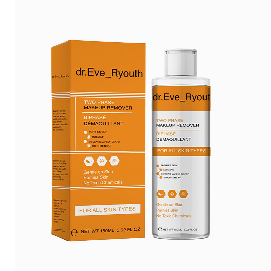 Verpakking en fles. Opschrift: Dr. Eve_Ryouth, Two Phase Makeup Remover. Oranje doos met productinformatie.
