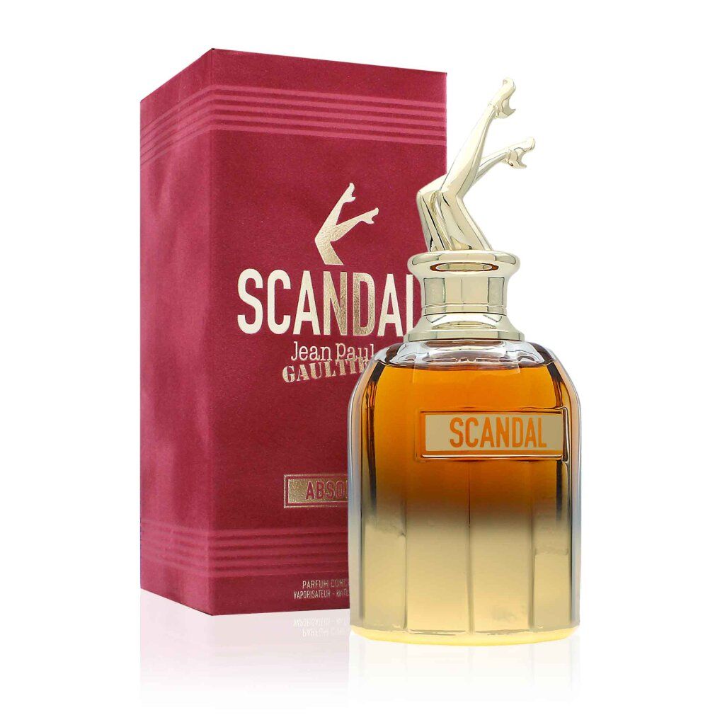 Parfumfles met gouden benen als dop. Daarnaast een rode doos met gouden opschrift "SCANDAL".