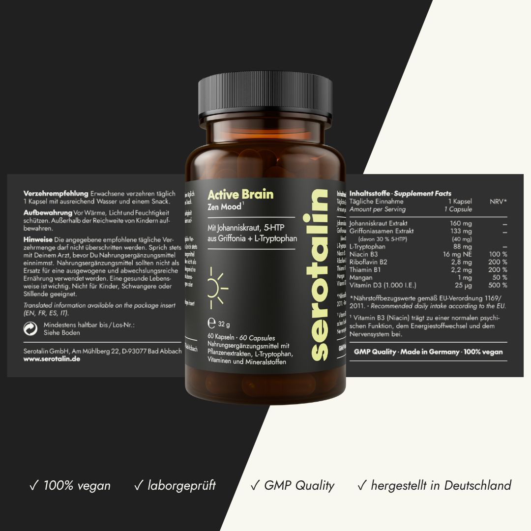 Bruine fles met capsules, tekst: Active Brain Zen Mood, serotalin. Ingrediënten, voedingswaarde-informatie, GMP Quality, 100% vegan, laboratorium getest.