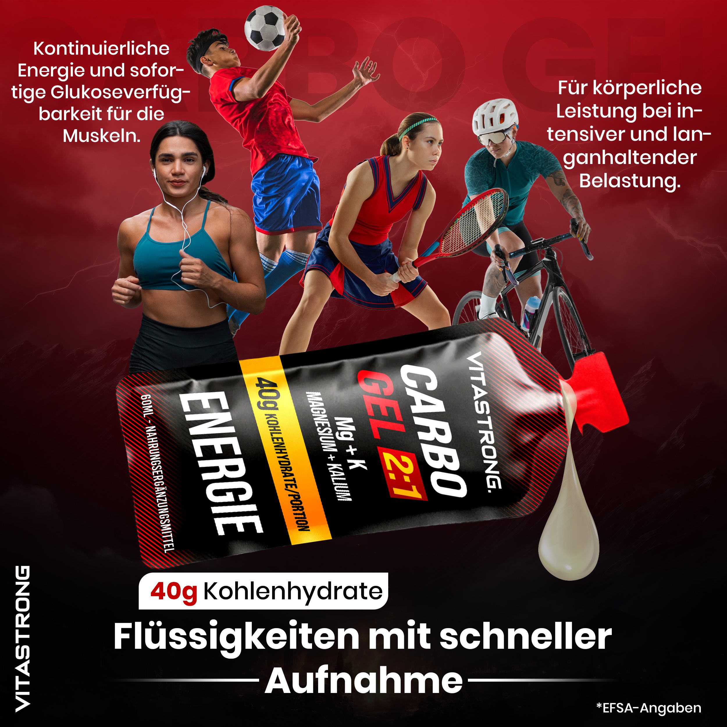 Vitastrong CARBO GEL 2:1. Enkele portie. Sporters in actie. Tekst: 40g koolhydraten, magnesium + kalium. Snelle opname.