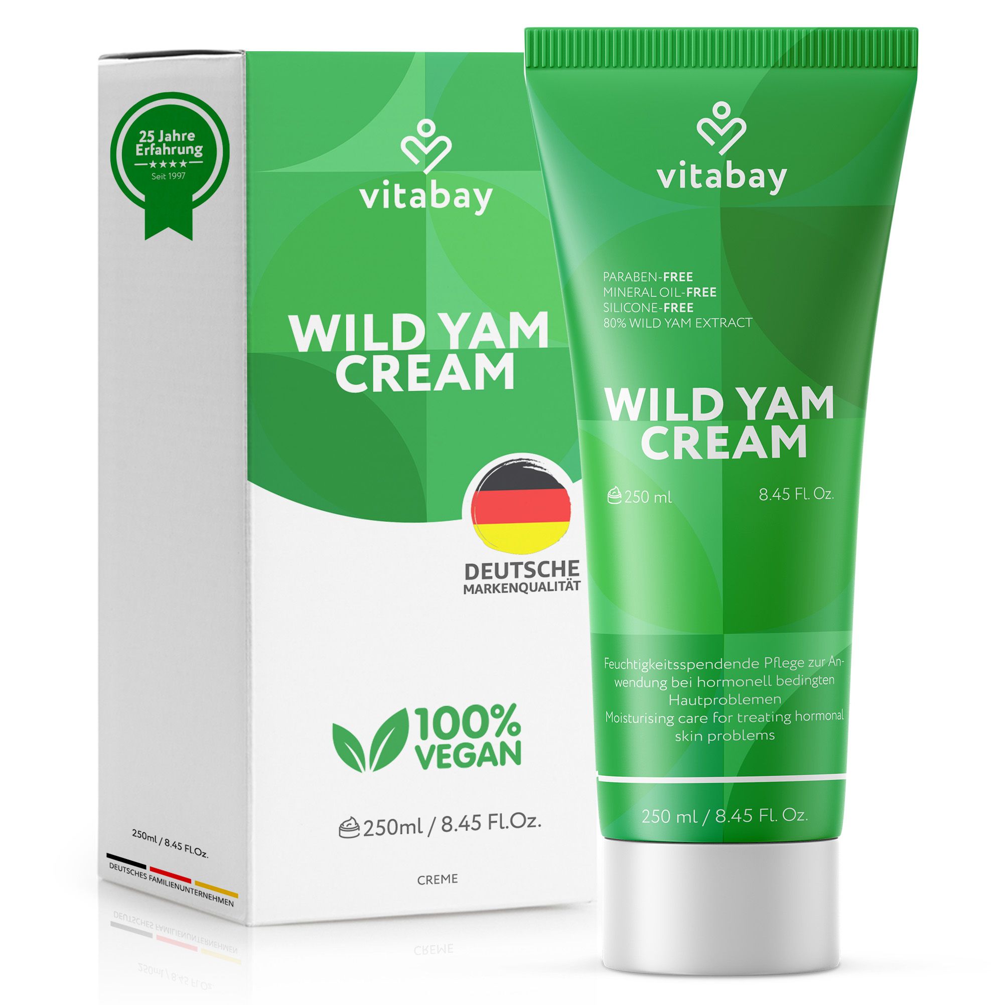 Tube et emballage carton Vitabay Wild Yam Cream. 100% Vegan, 250ml.