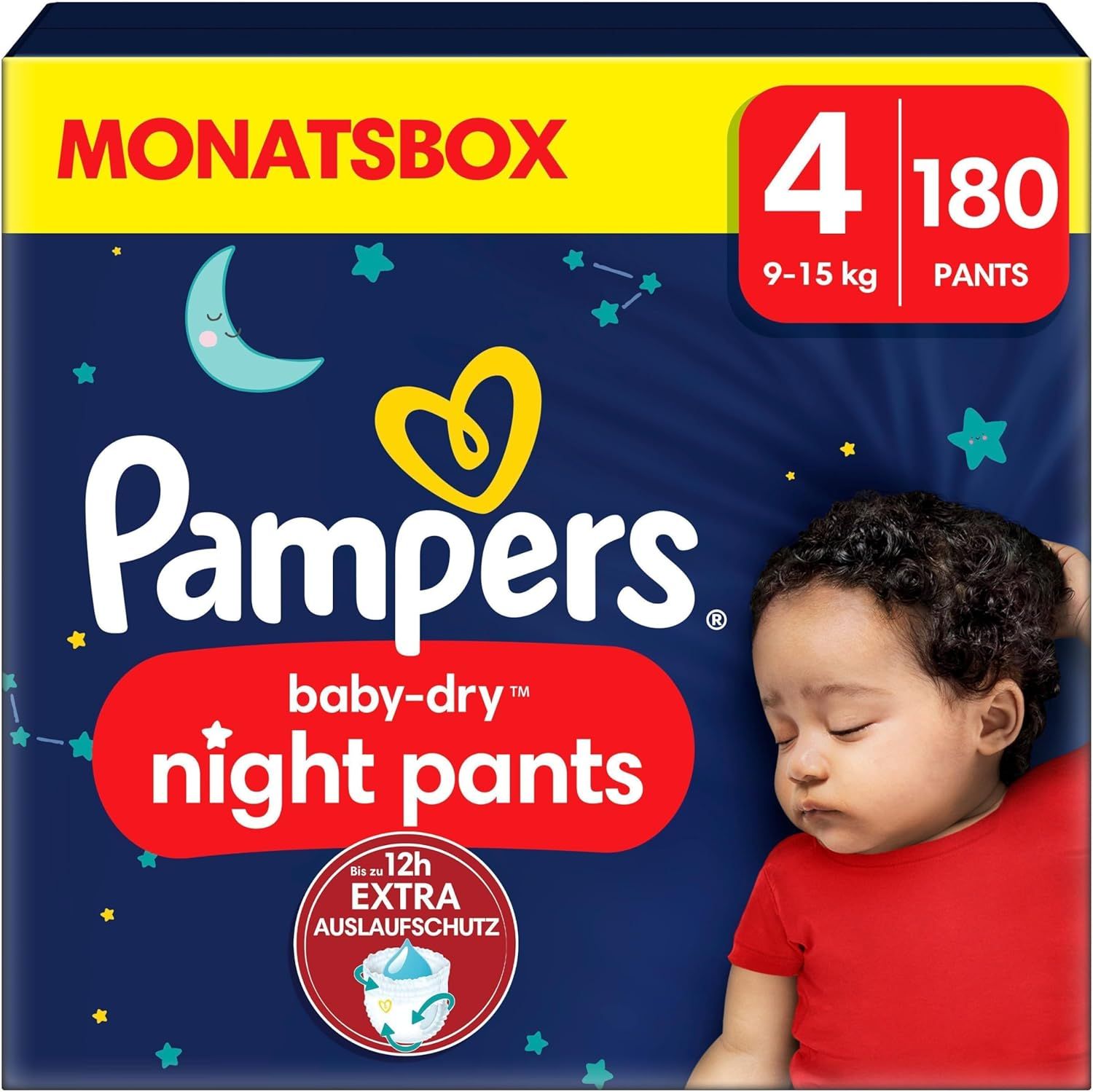 Paquet de Pampers Baby-Dry Night Pants taille 4 (9-15 kg). Boîte mensuelle avec 180 couches-culottes. Illustration bébé endormi et étoiles.