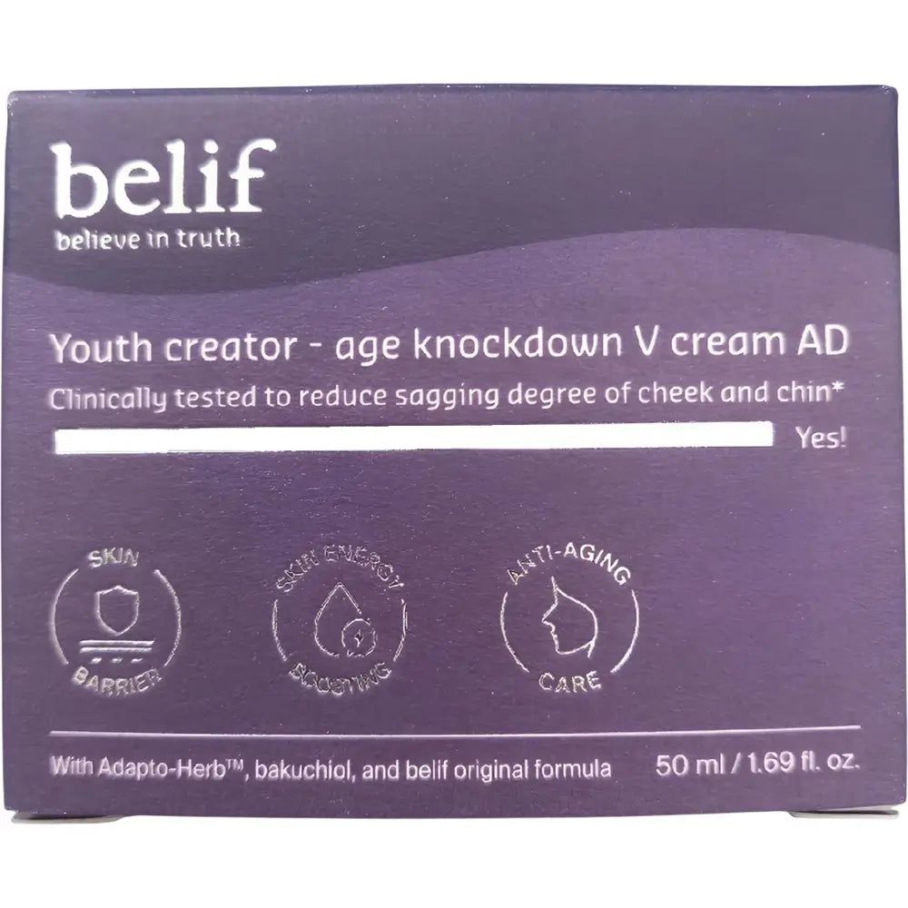 Verpakking van Belif Youth Creator Age Knockdown V Cream met iconen voor huidbarrière, energie en anti-aging.