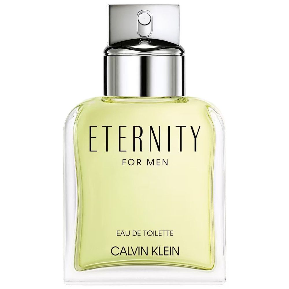 Eau de toilette fles. Opschrift: ETERNITY for men, Calvin Klein. Vierkante fles met zilveren dop.
