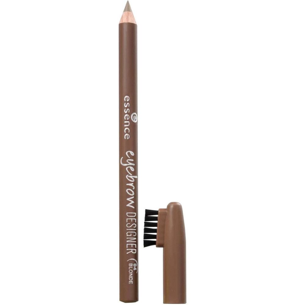 Crayon à sourcils avec brosse. Inscription: Essence, eyebrow DESIGNER, Blonde. Crayon et brosse marron. Pointe du crayon brun clair.