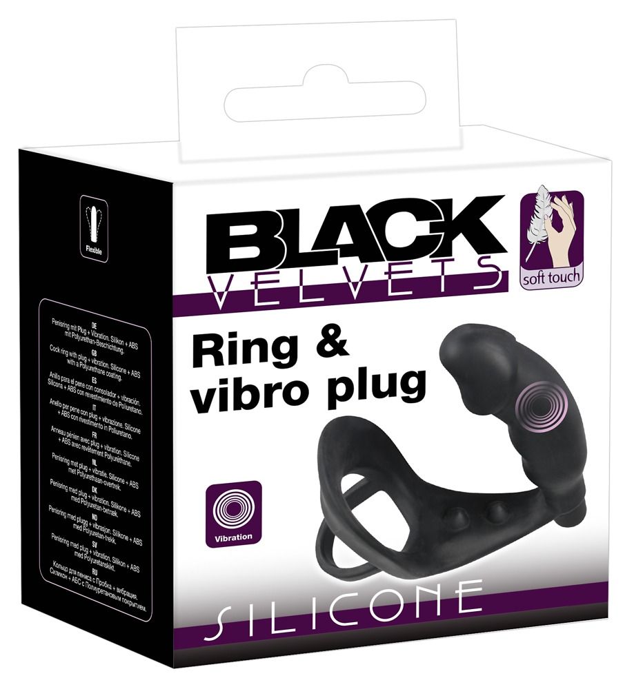 Emballage du Black Velvets Ring & Vibro Plug en silicone. Montre l'image du produit et les détails.