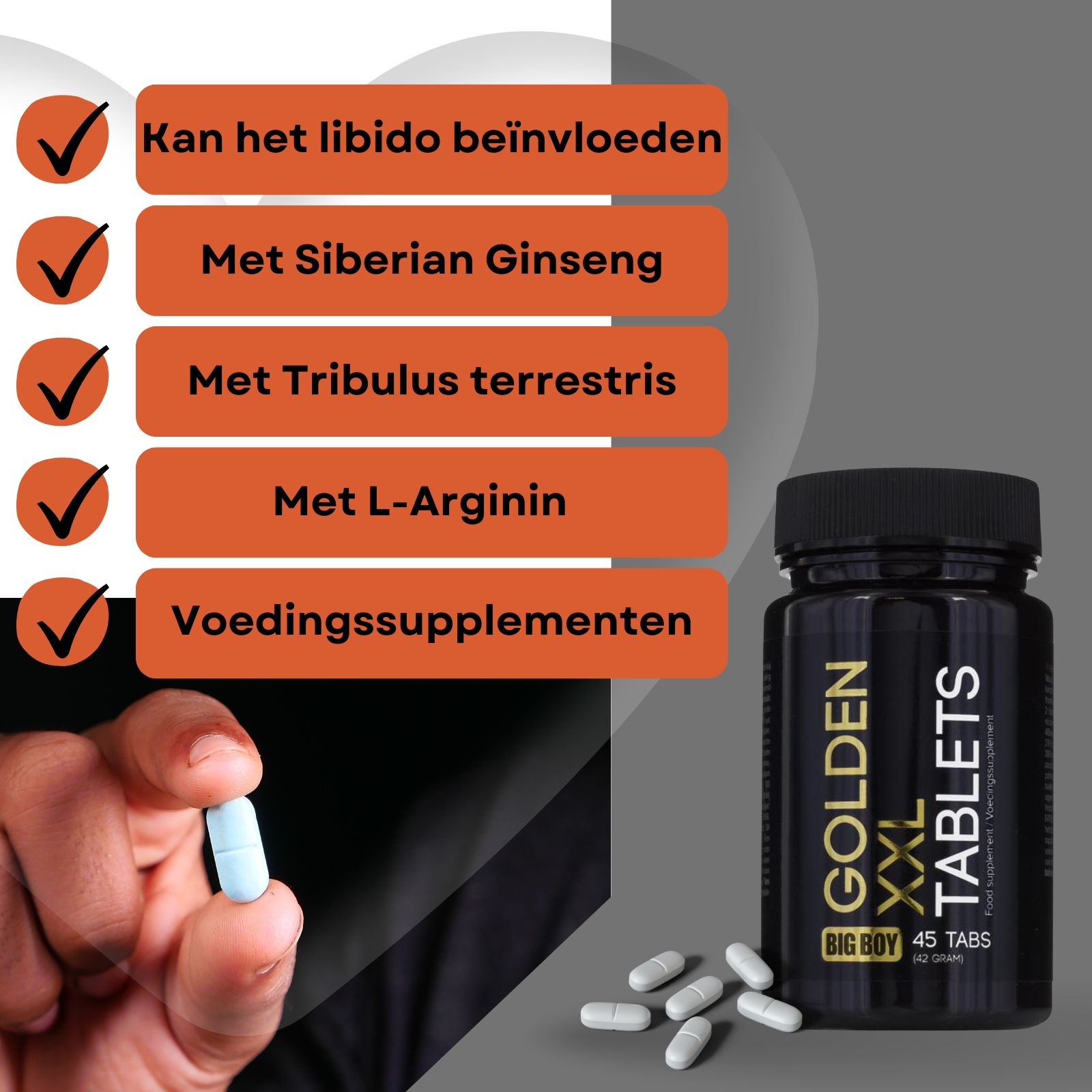 Hand houdt tablet vast. Tekst: Kan libido beïnvloeden, met Siberische ginseng, Tribulus terrestris, L-Arginine.