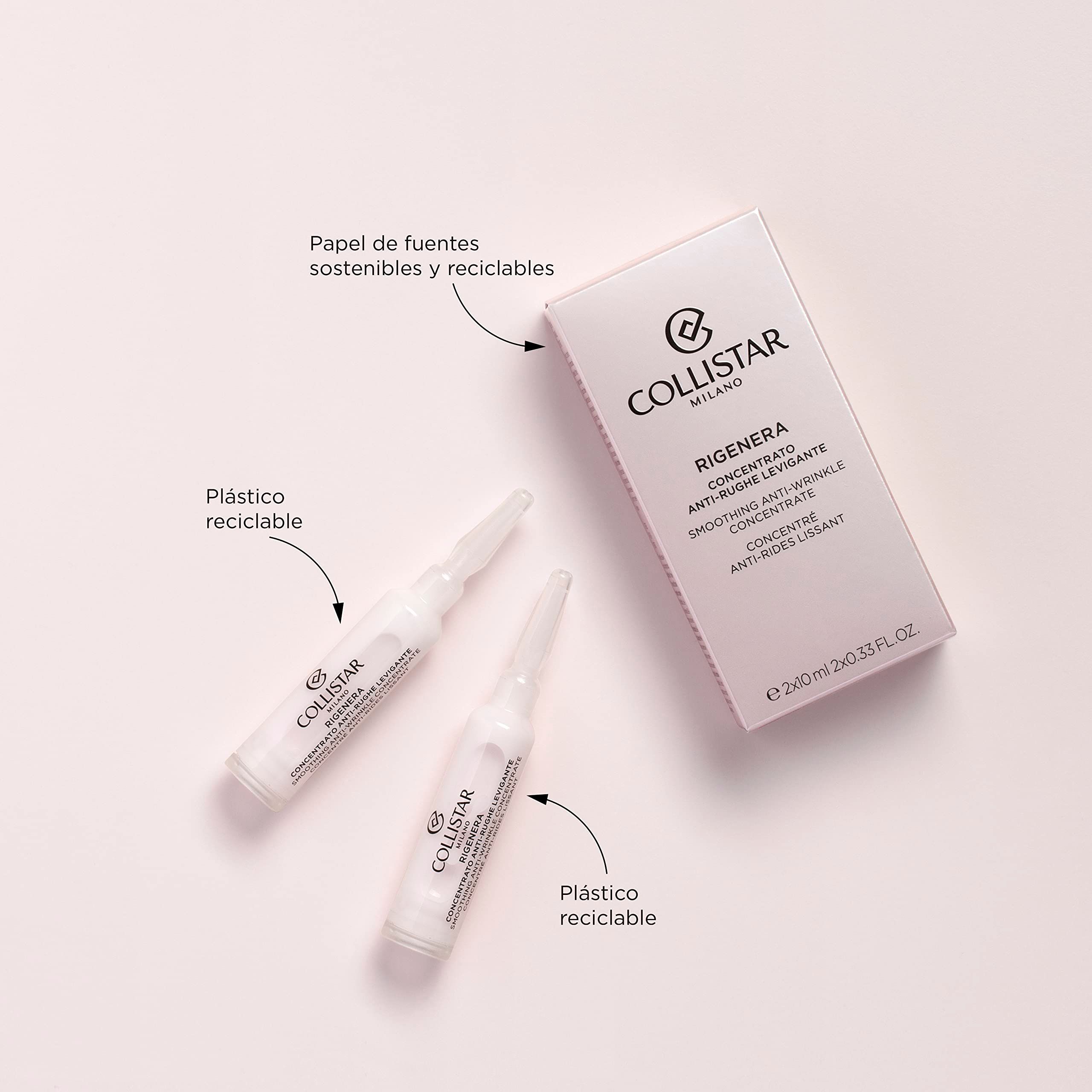 Deux ampoules et un emballage. Inscription : Collistar Milano Rigenera Concentrato Antirughe Levigante. Flèches indiquant le plastique recyclable.