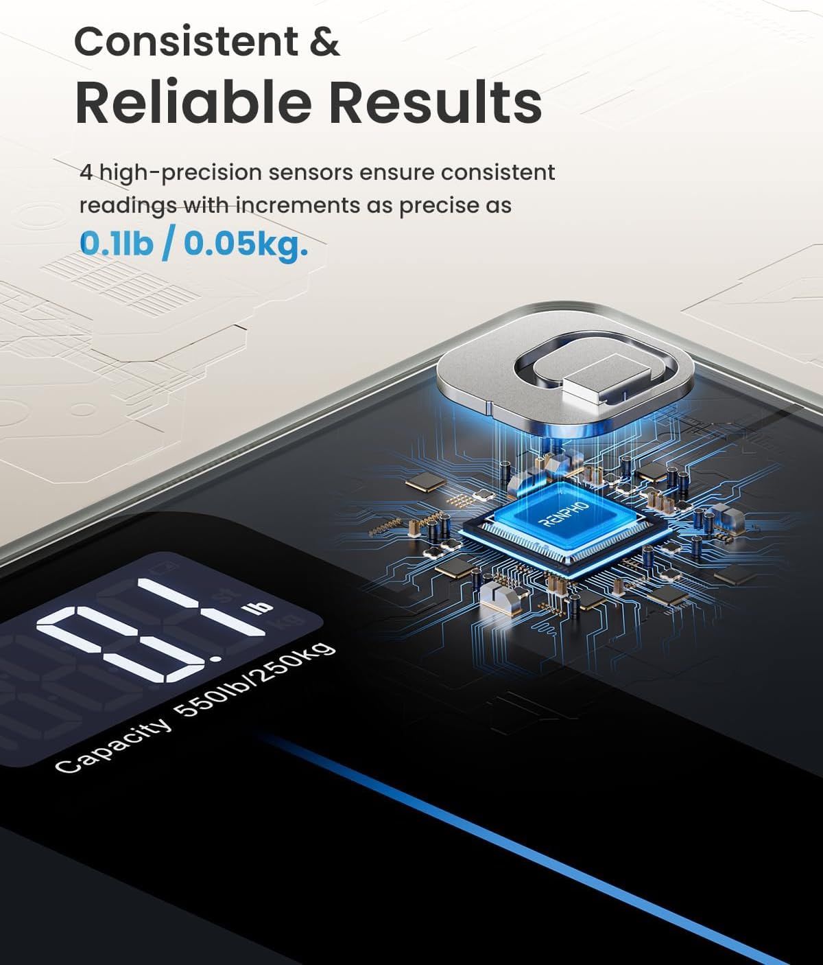 Balance numérique. 4 capteurs pour des mesures précises. Incréments de 0,1 lb / 0,05 kg. Design noir avec écran.