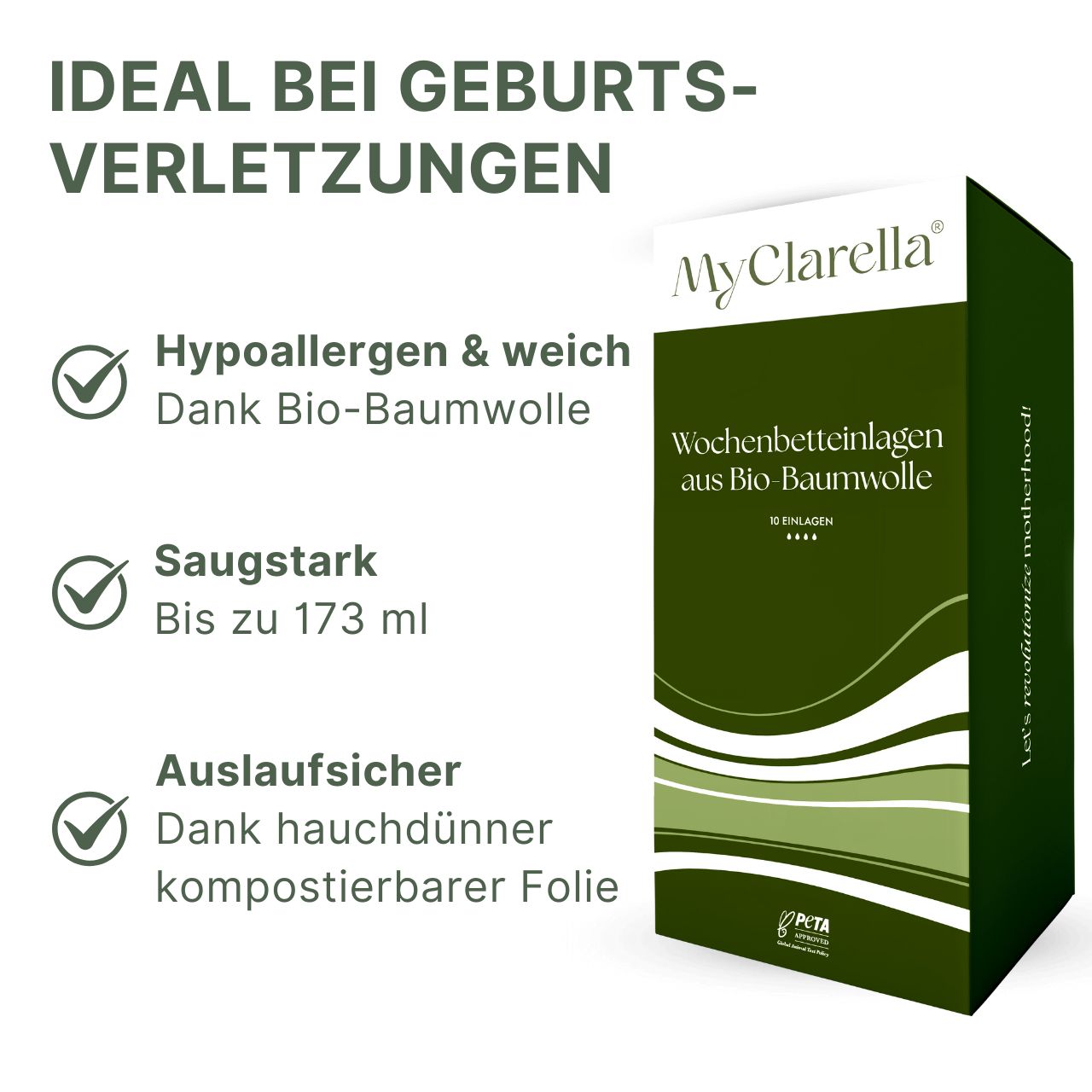 Boîte MyClarella® pour protections post-partum. Vert et blanc. Idéal en cas de lésions liées à l'accouchement. Hypoallergénique.